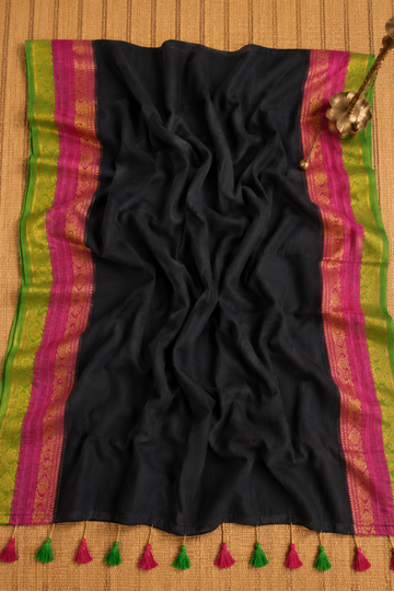 Black Mul Mul Cotton Saree with Pink & Green Border