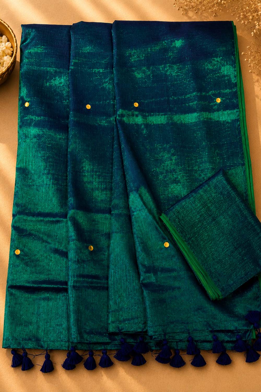 Peacock Blue Linen Tissue Saree with Gold Butta