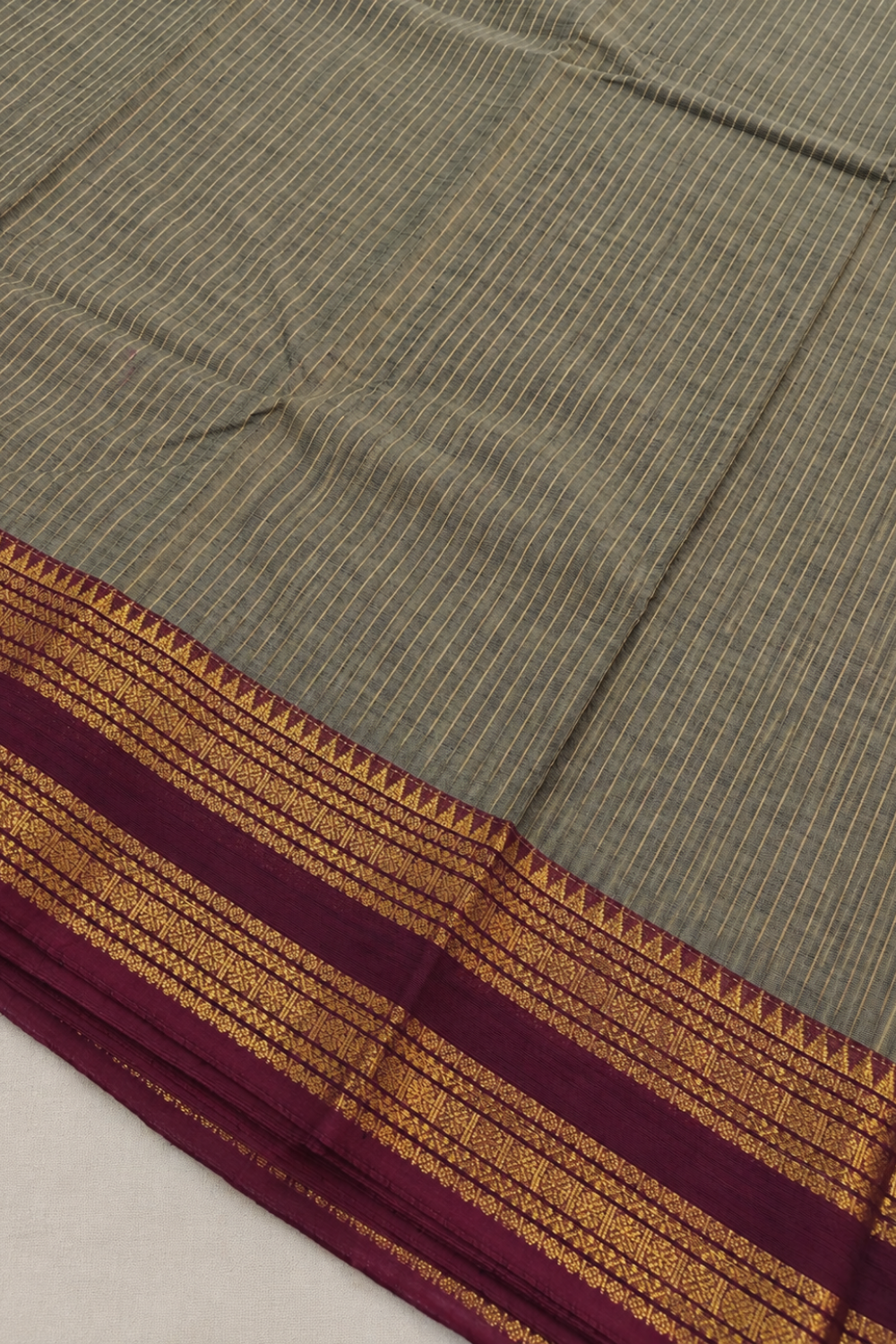 Grey Chettinad Cotton Saree with Maroon Zari-Inspired Border