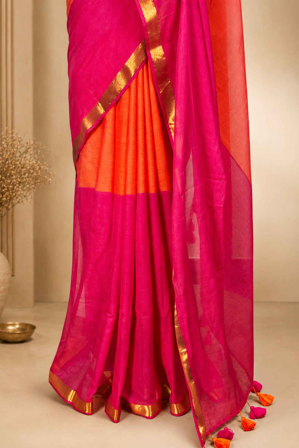 Coral Pink & Fuchsia Mul Mul Cotton Saree with Zari Border & Tassel Pallu