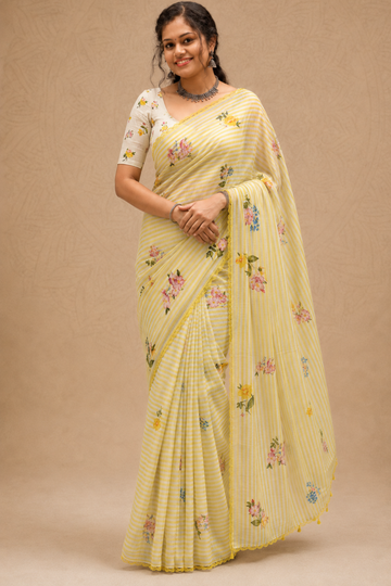 Yellow & White Striped Linen Saree with Floral Prints