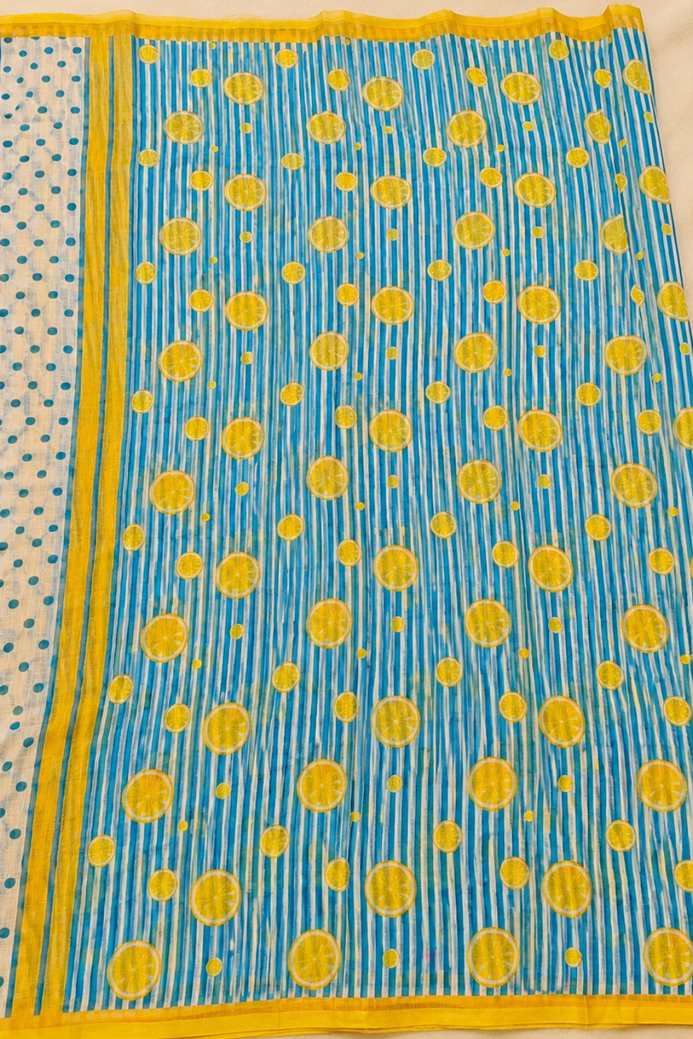 Sky Blue & White Striped Linen Blend Saree with Motifs & Yellow Blouse