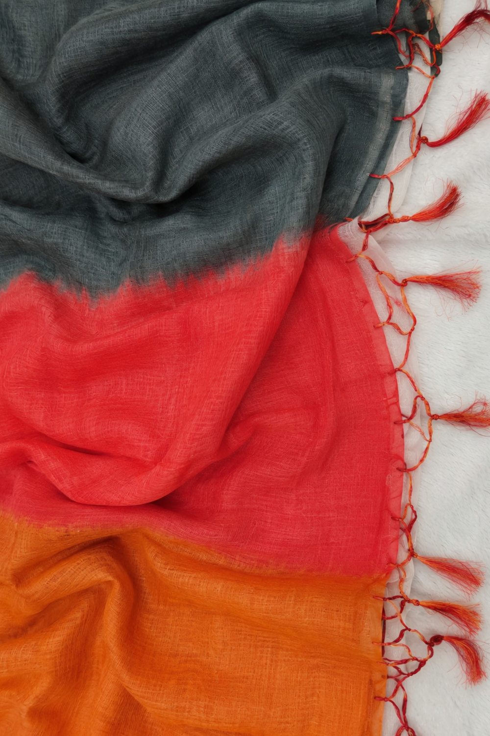 Tricolour Ombre Linen Blend Saree – Grey, Red & Mustard