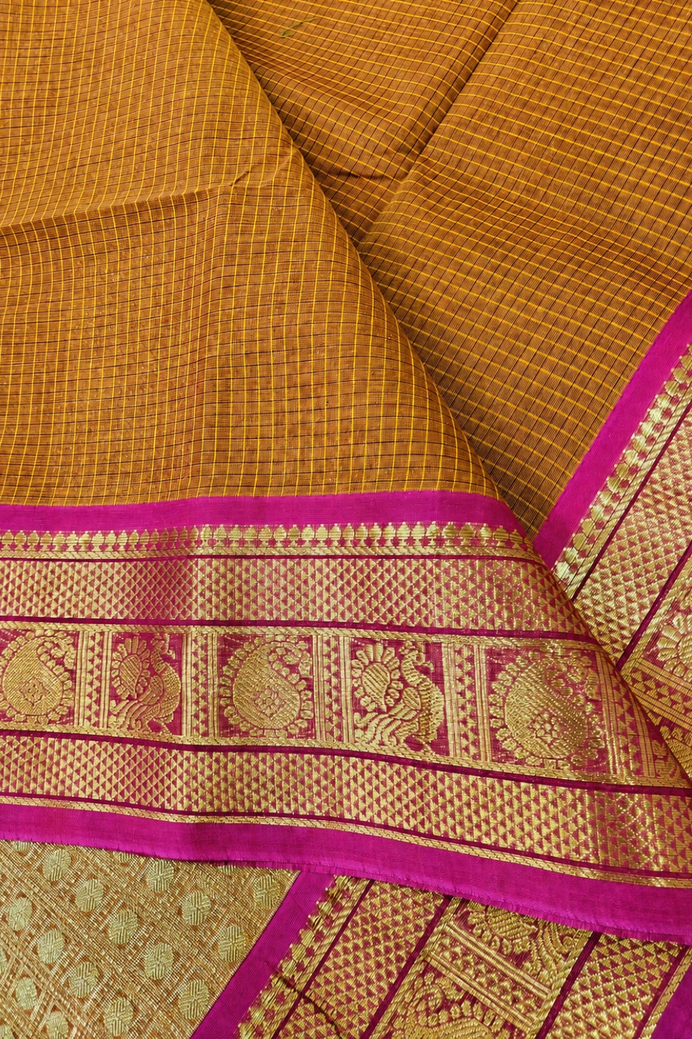 Rust Orange & Pink Chettinad Cotton Saree with Traditional Gold Zari Border
