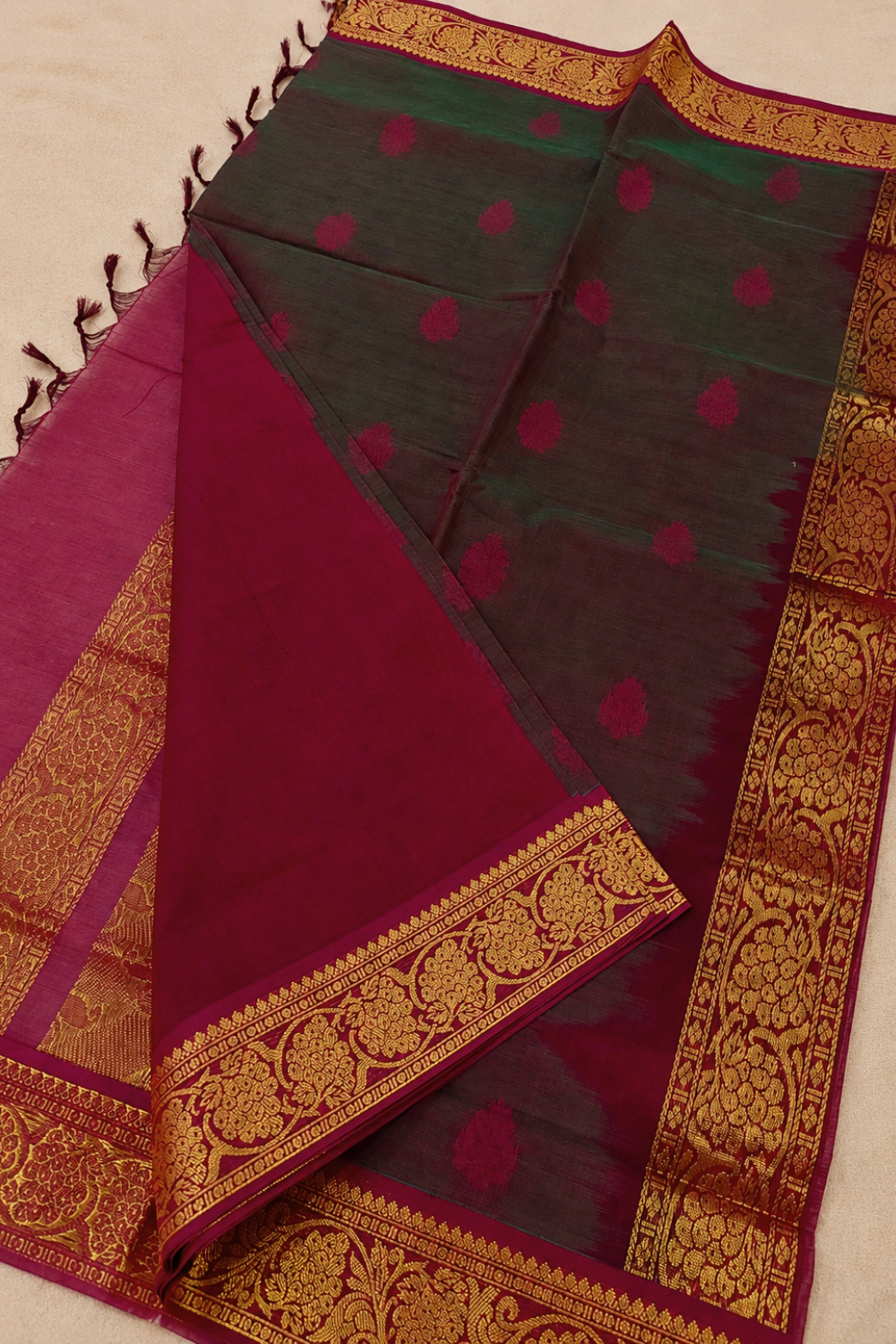 Deep Wine & Magenta Floral Chettinad Cotton Saree with Antique Gold Border