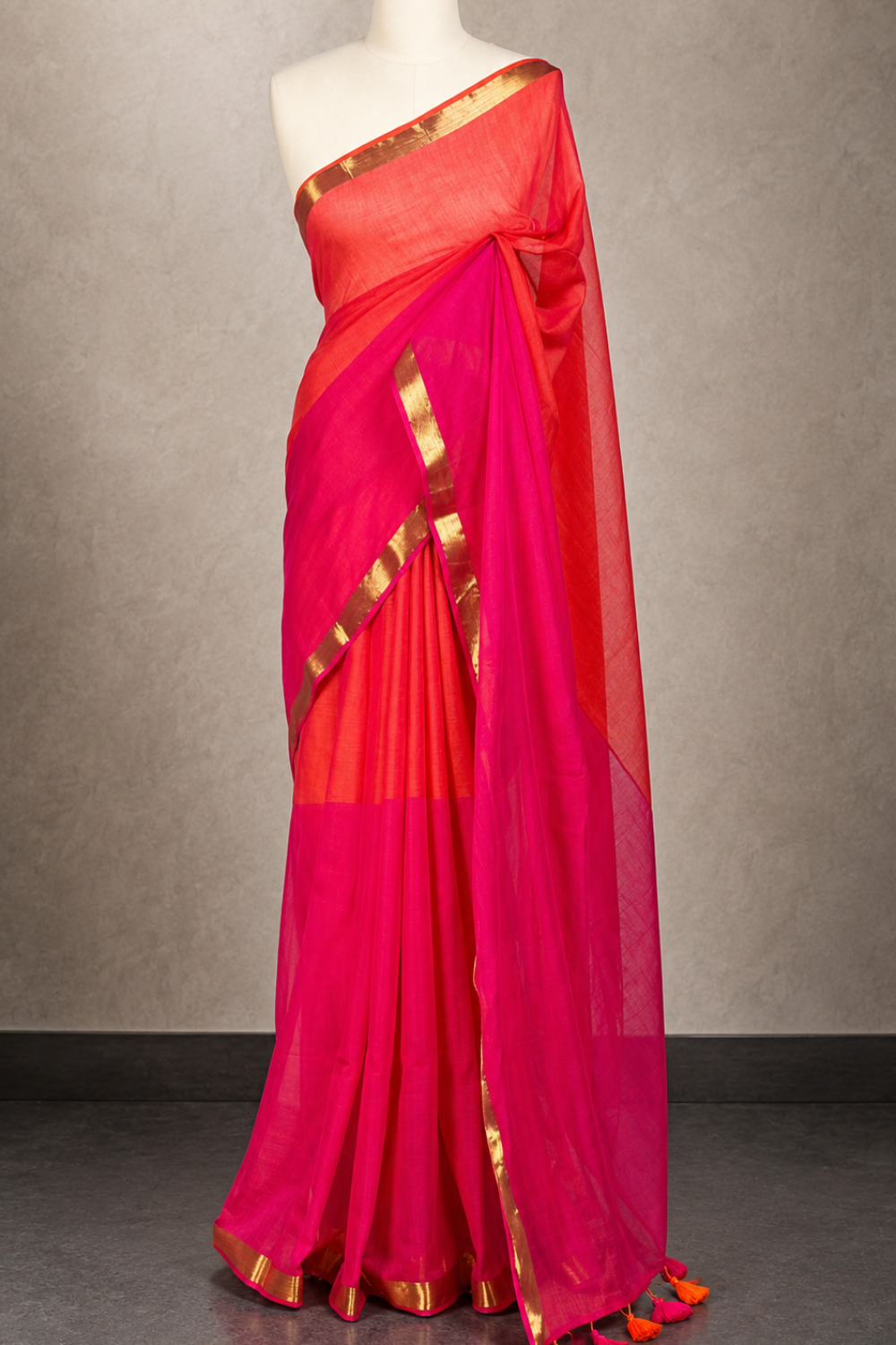 Coral Pink & Fuchsia Mul Mul Cotton Saree with Zari Border & Tassel Pallu