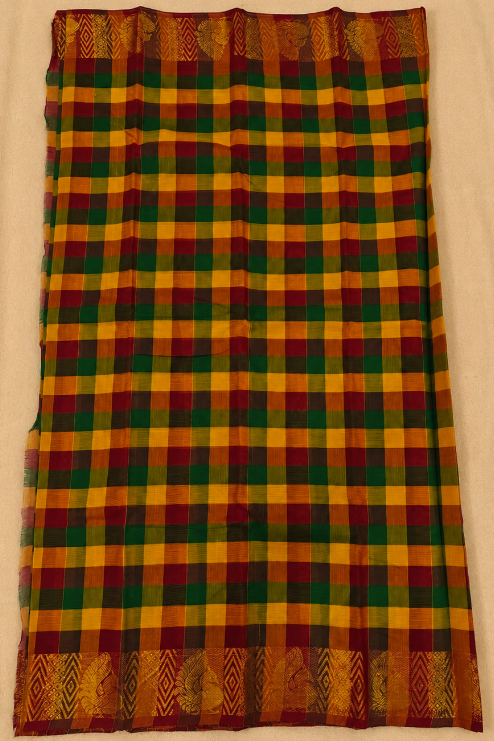 Madras Checks Cotton Saree with Traditional Gold Zari Border