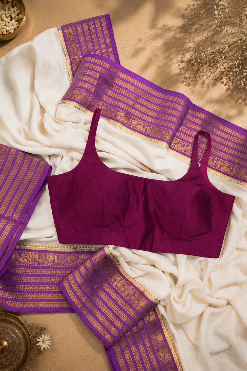 Off White 120 Count Mul Mul Cotton Saree with Purple & Gold Zari Border