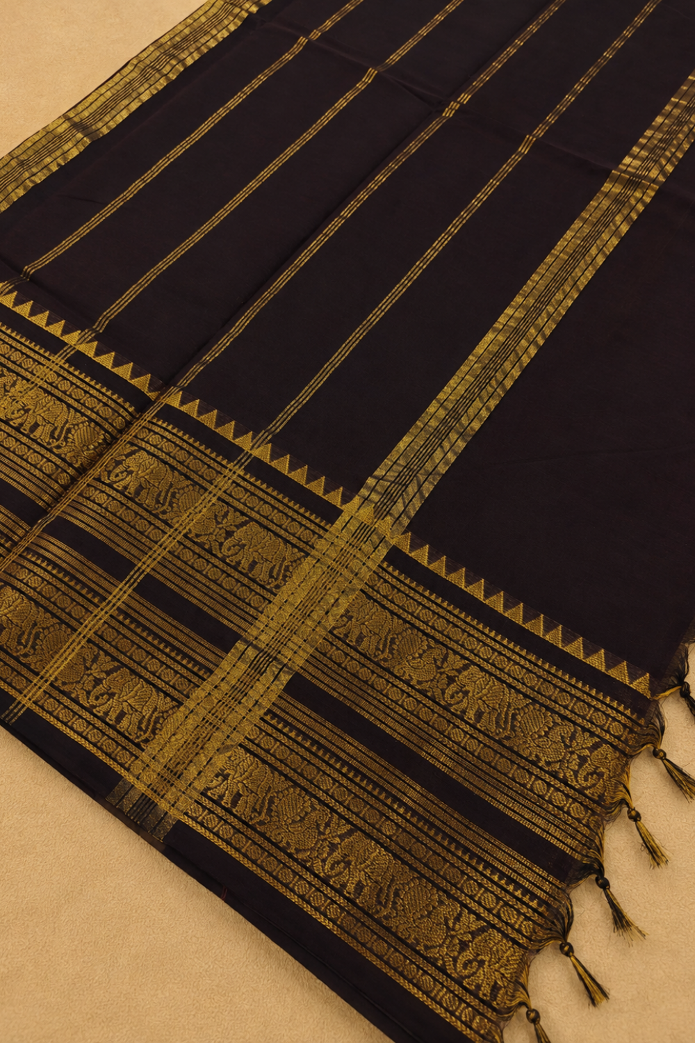 Coffee Brown Chettinad Cotton Saree with Traditional Zari Border