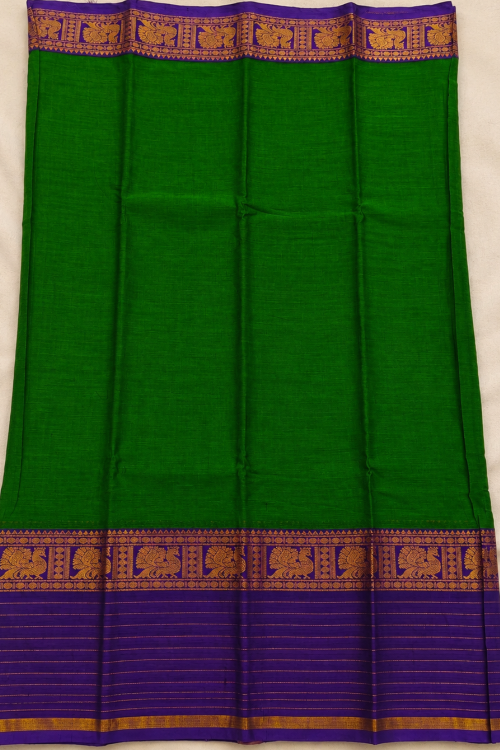 Emerald Green & Purple Narayanpet Cotton Saree with Traditional Gold Zari Border