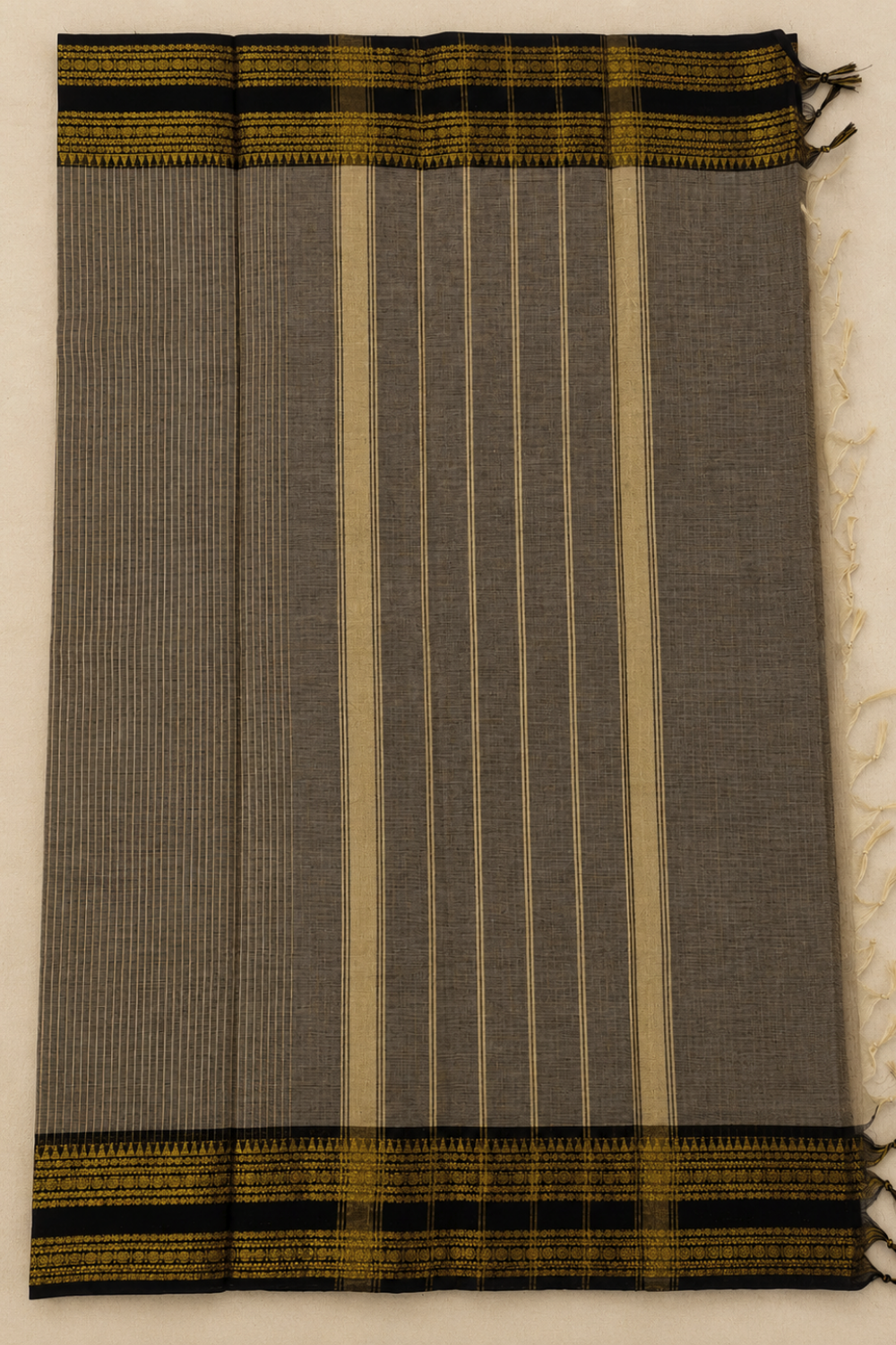 Charcoal Grey Chettinad Cotton Saree with Black & Gold Traditional Border