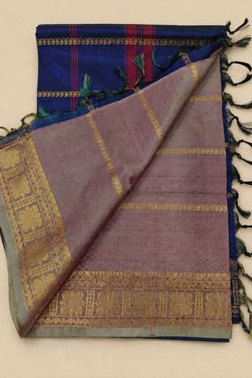 Dusty Mauve & Navy Blue Vegan Silk Saree with Gold Zari Border