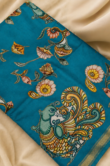 Teal Blue Linen Chanderi Saree with Floral & Peacock Print