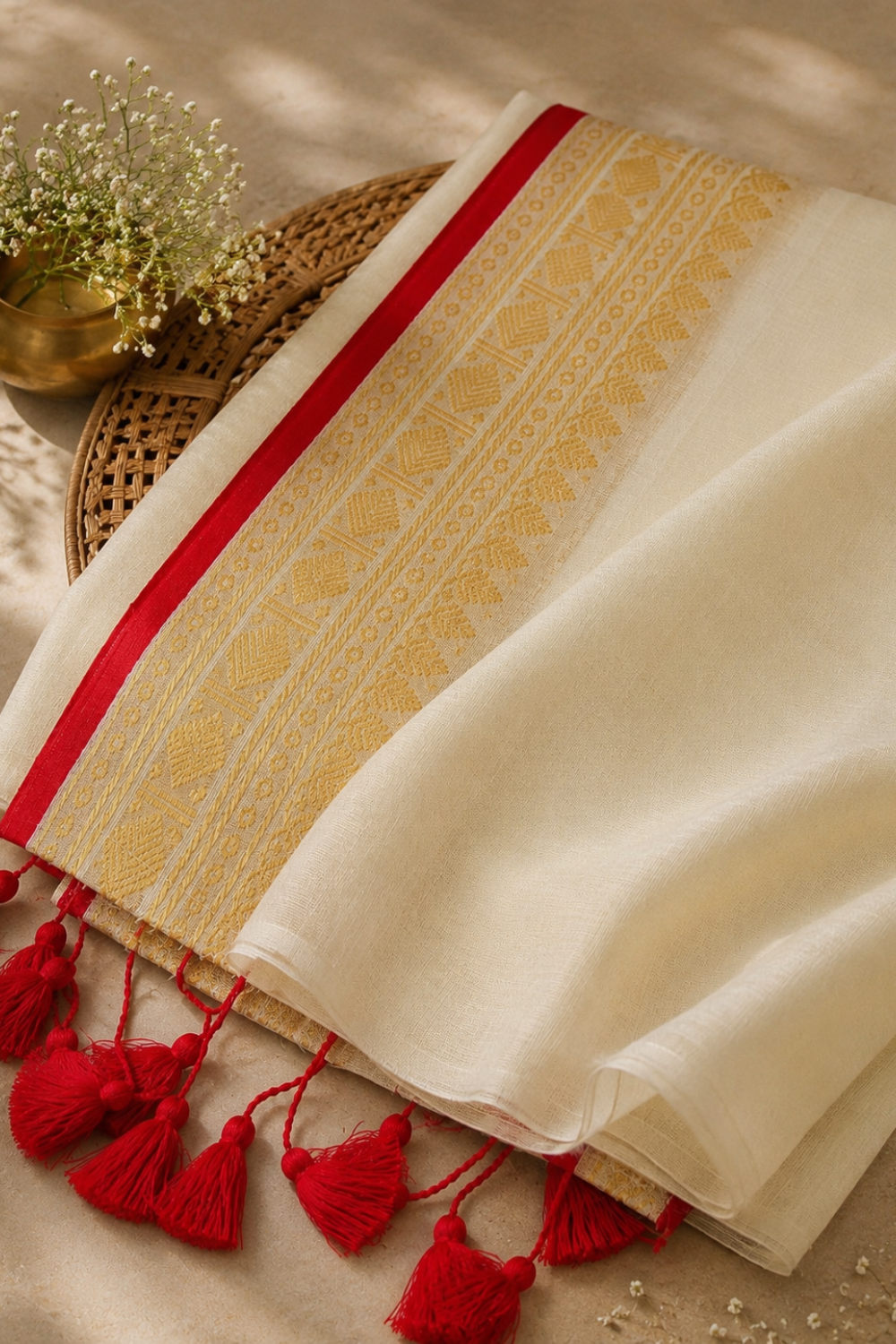 Off White 120 Count Mul Mul Cotton Saree with Gold Zari Border & Red Selvedge
