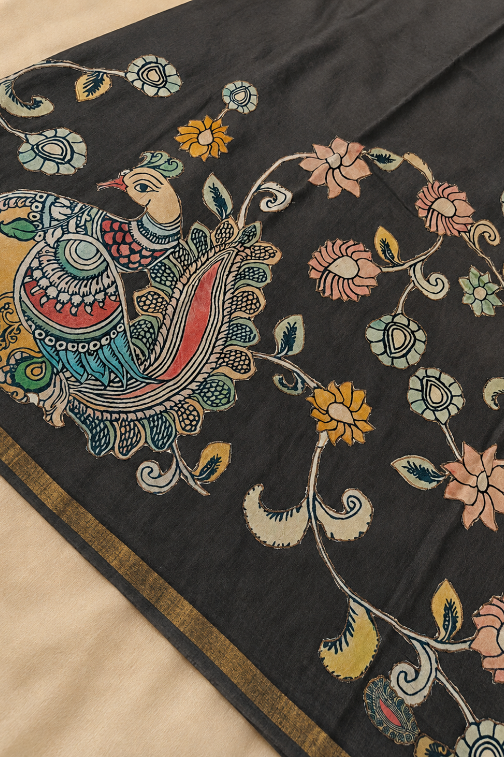 Grey Linen Saree with Multicolour Appliqué Peacock & Floral Work