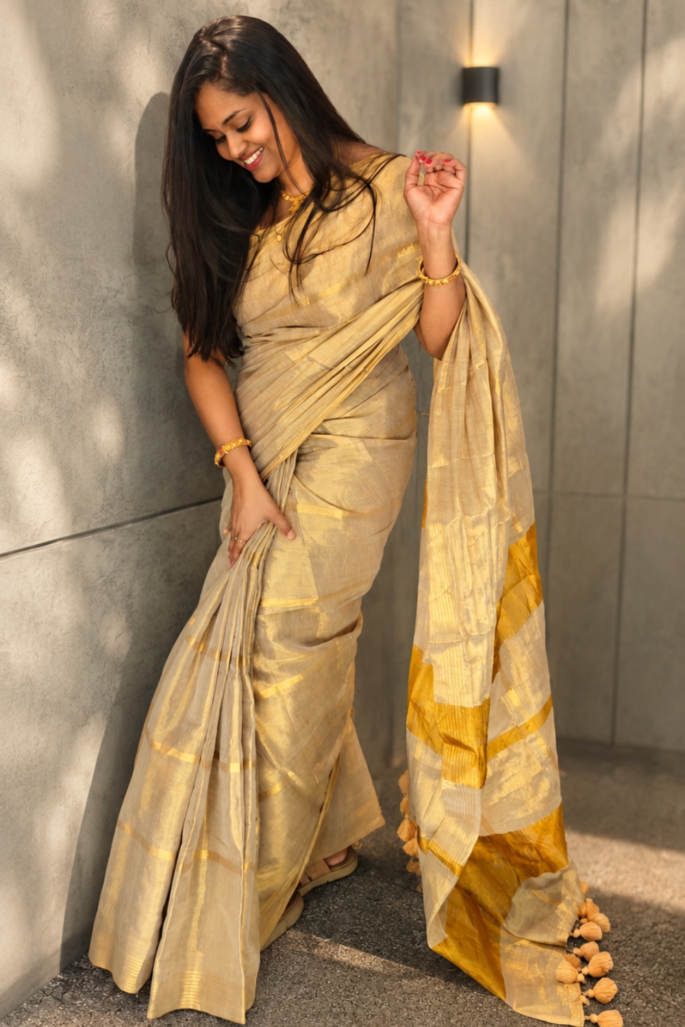 Golden Linen Tissue Saree with Zari Border & Tassel Pallu