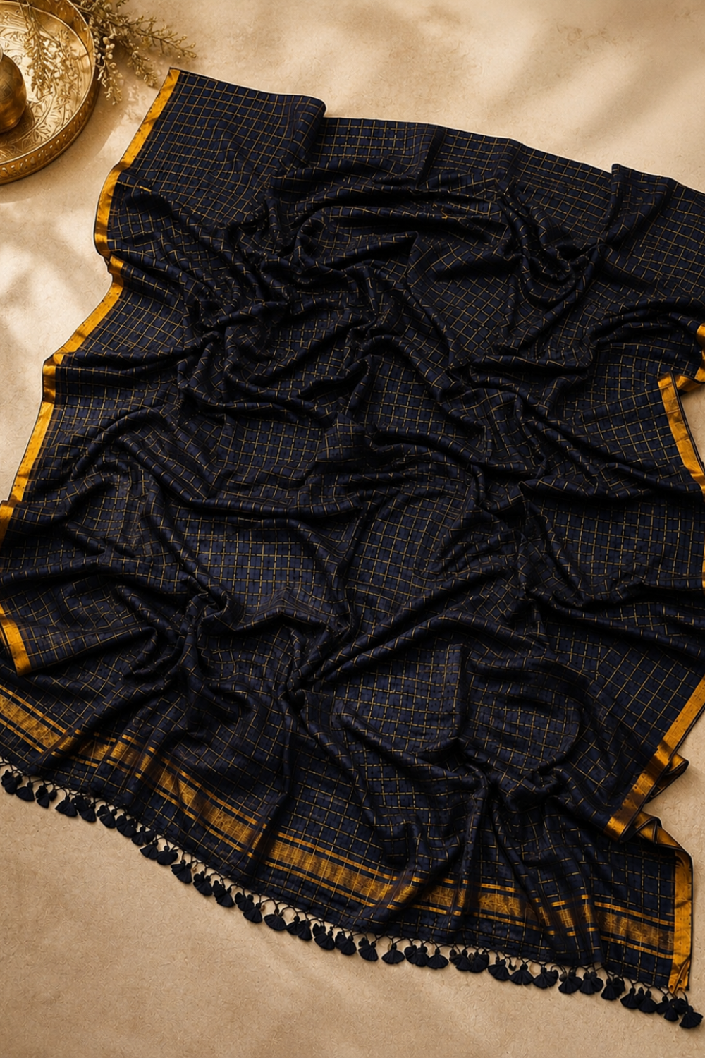 Black & Gold Checks Mul Mul Cotton Saree