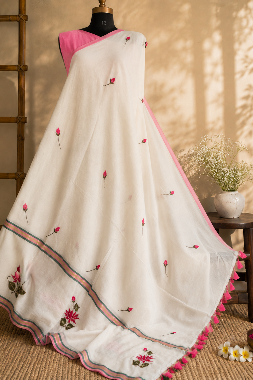 White Mul Mul Cotton Saree with Pink Lotus Embroidery