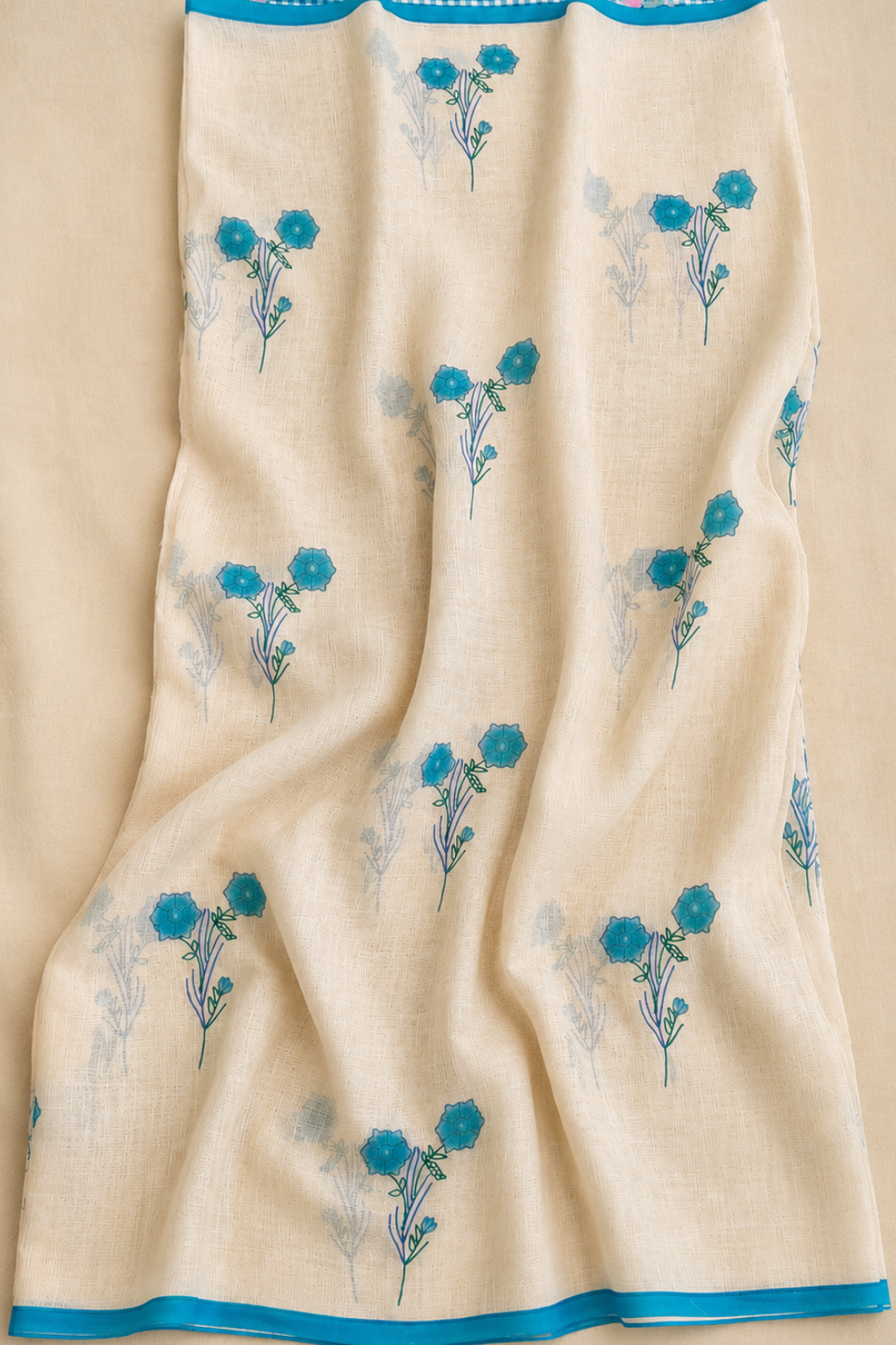 Ivory Linen Blend Saree with Blue Floral Prints and Contrast Blue & White Checked Floral Blouse