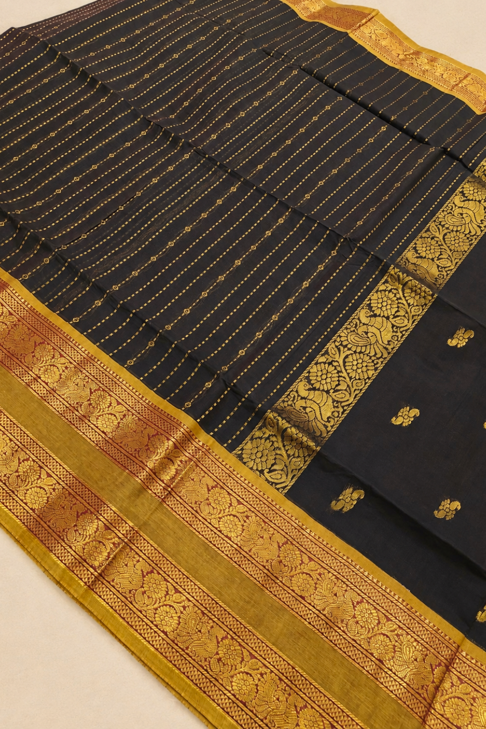 Deep Brown Chettinad Cotton Saree with Antique Gold Floral Border