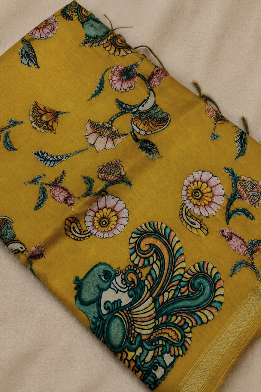 Mustard Yellow Linen Chanderi Saree with Floral & Peacock Print