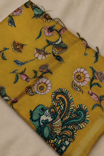 Mustard Yellow Linen Chanderi Saree with Floral & Peacock Print
