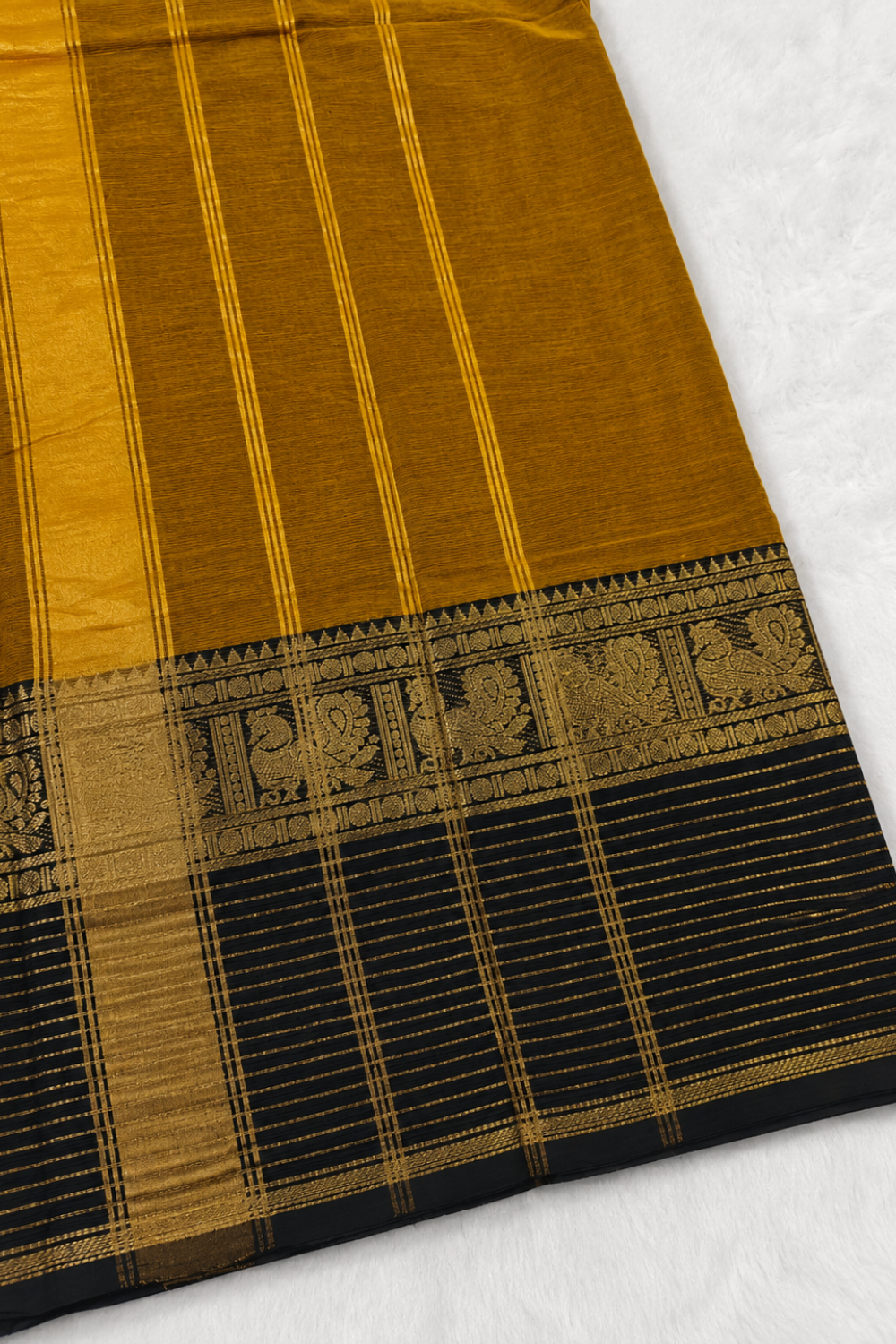 Mustard Handloom Chettinad Cotton Saree with Black Peacock Motif Border