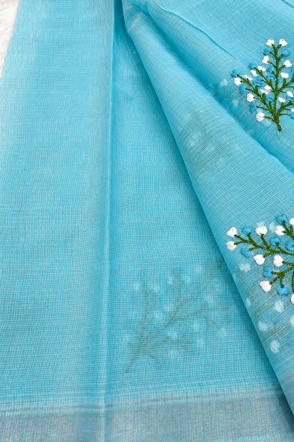 Sky Blue Kota Saree with Delicate Floral Embroidery