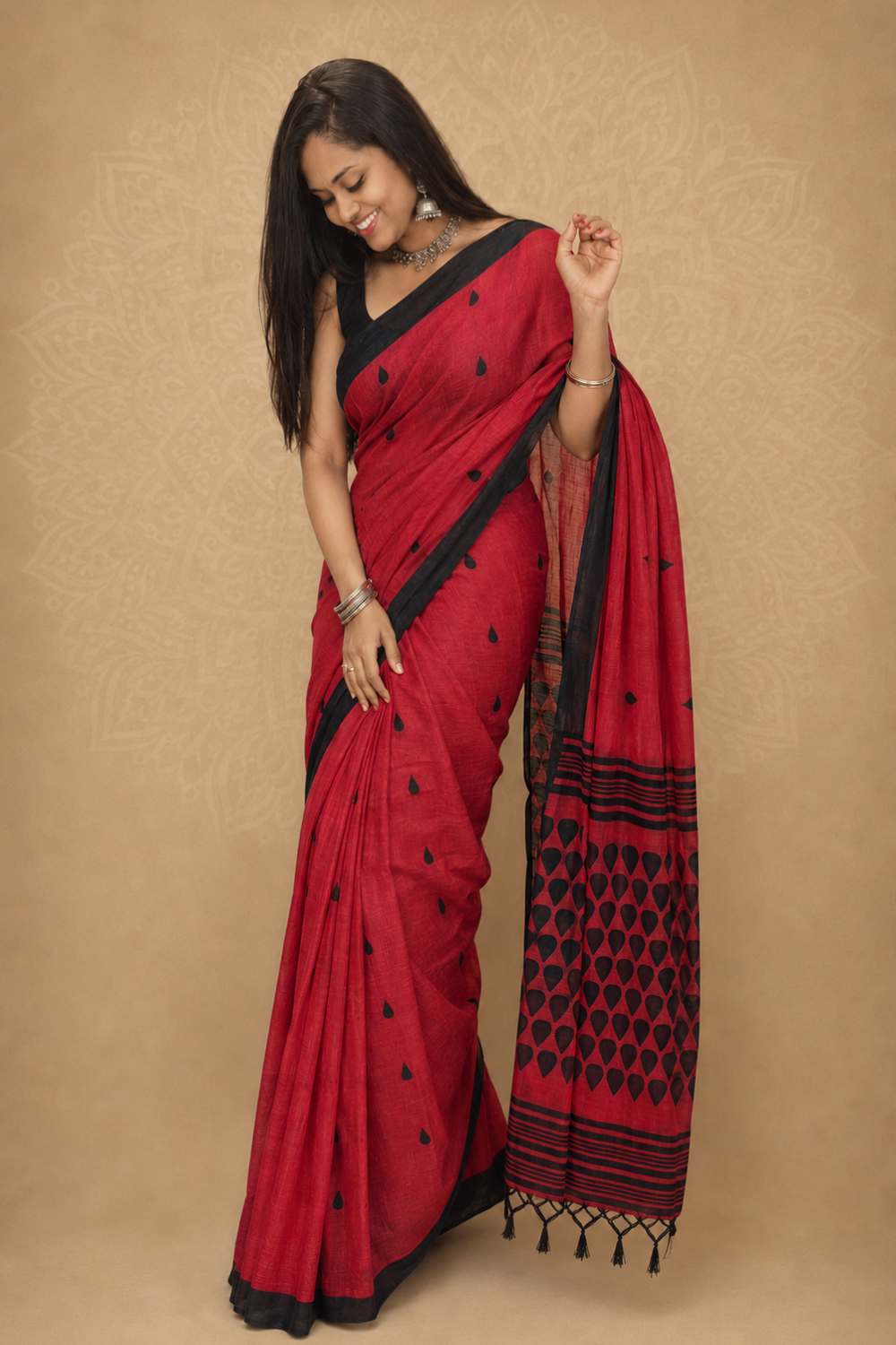 Crimson Red Linen Blend Saree with Black Drop Motifs