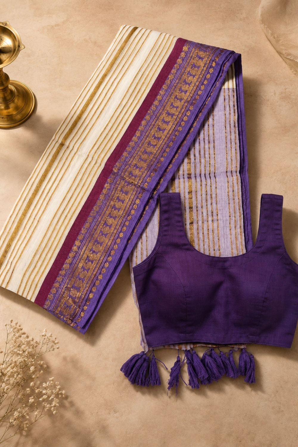 Off White 120 Count Mul Mul Cotton Saree with Violet Zari Border & Golden Stripes