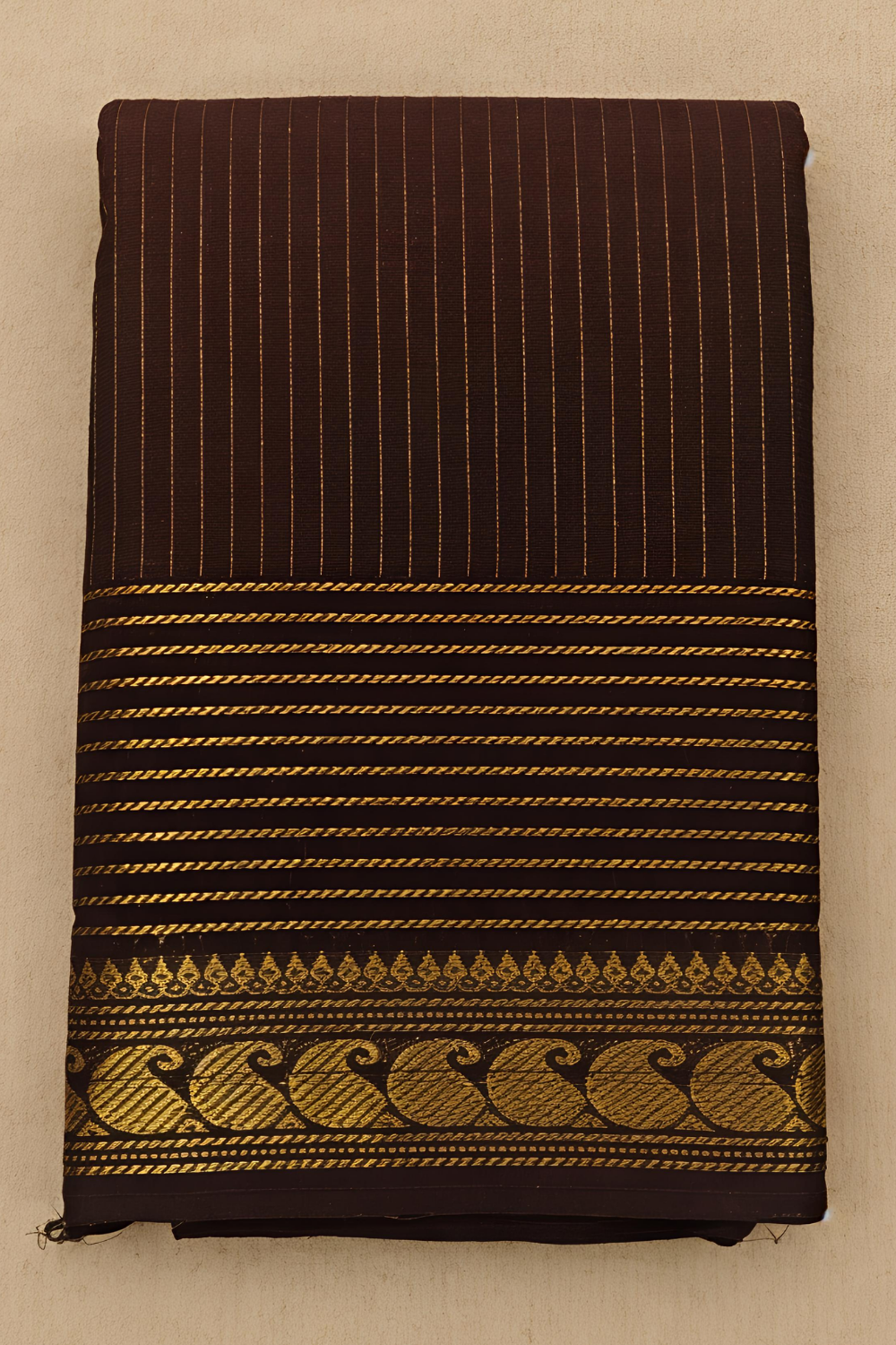 Coffee Brown Chettinad Cotton Saree with Golden Stripes & Peacock Border
