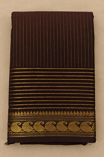 Coffee Brown Chettinad Cotton Saree with Golden Stripes & Peacock Border