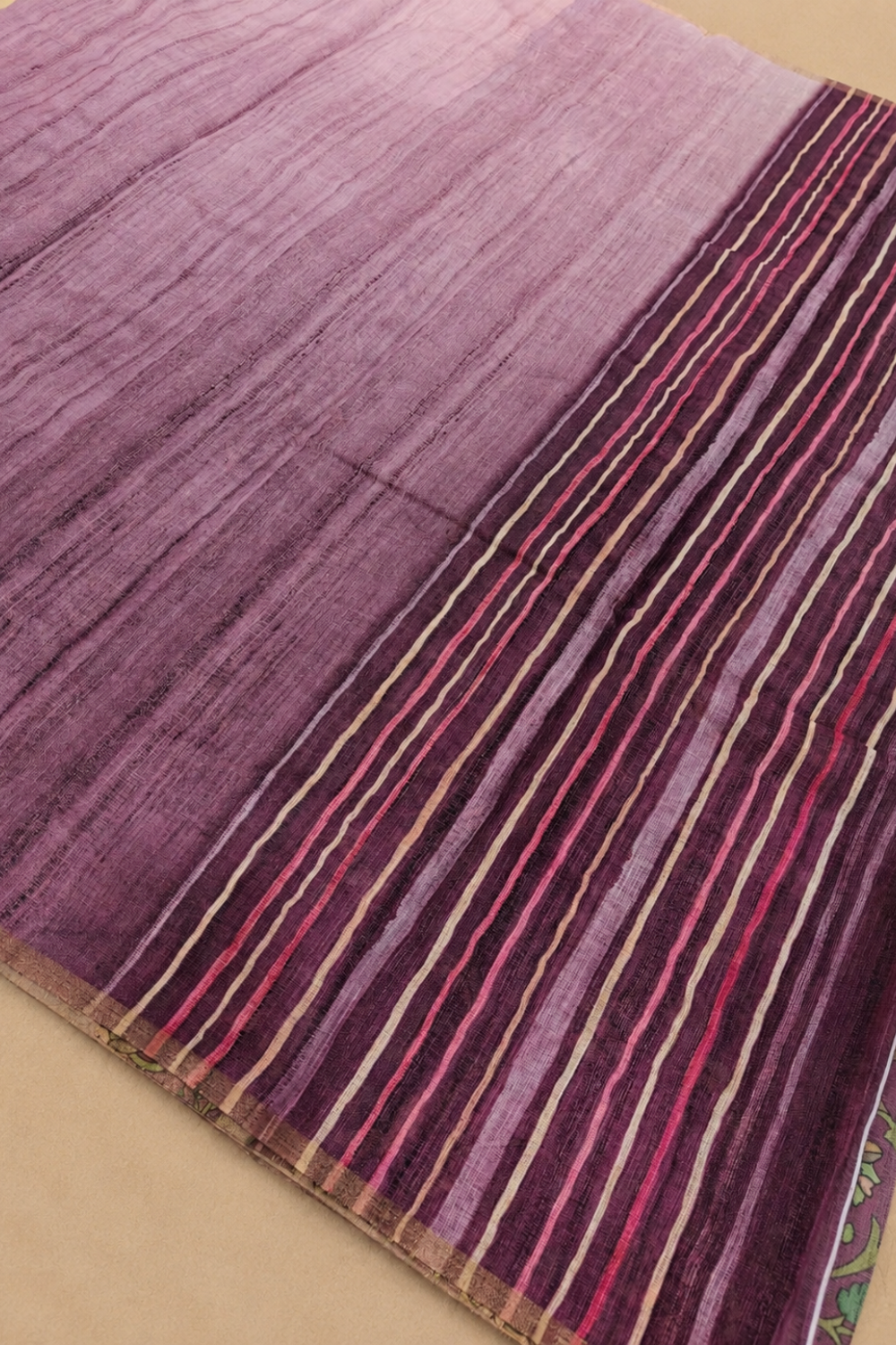Dusty Mauve Jute Linen Saree with Striped Pallu & Kalamkari Printed Blouse