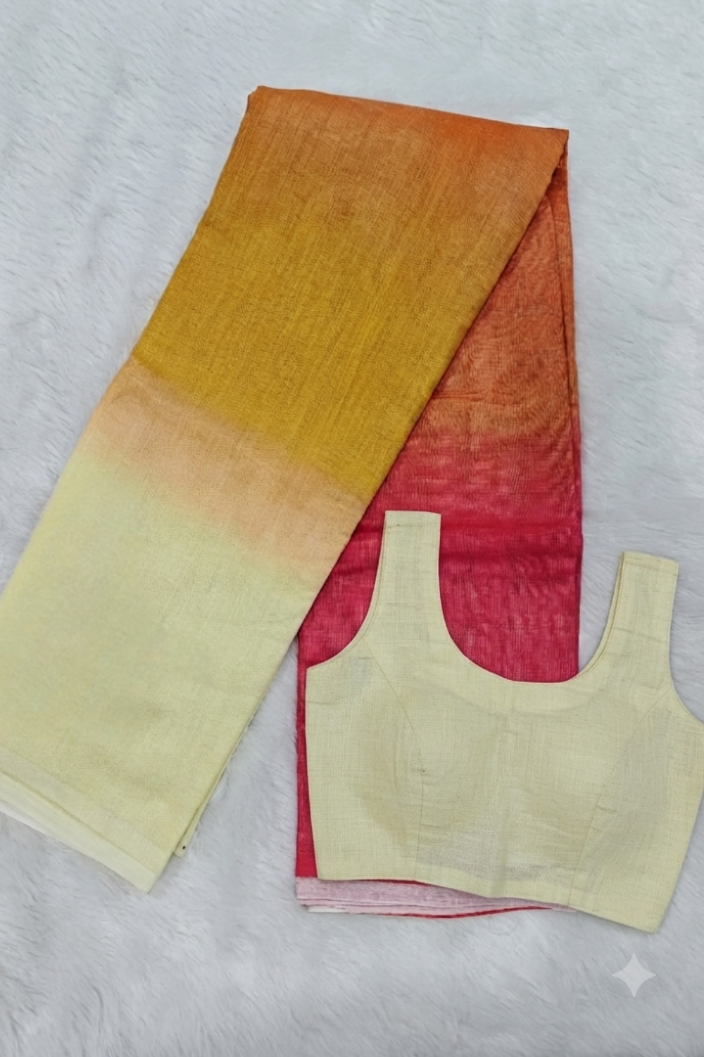 Sunrise Ombre Linen Blend Saree – Red, Yellow & Ivory
