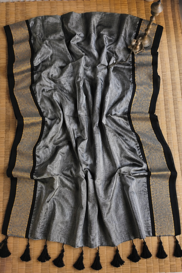 Charcoal Grey Mul Mul Cotton Saree with Black Border