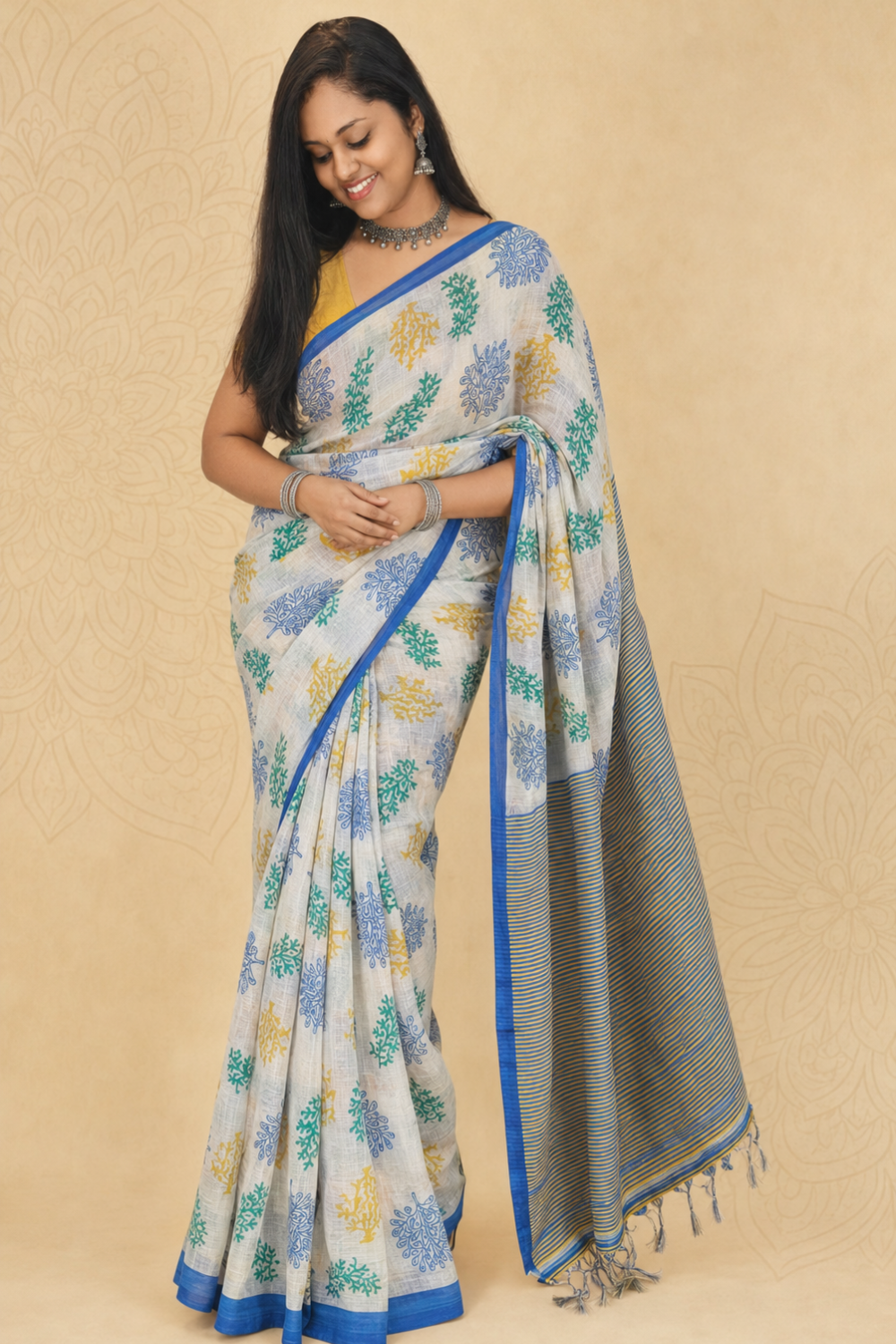 Blue Border Floral Printed Linen Blend Saree with Striped Pallu