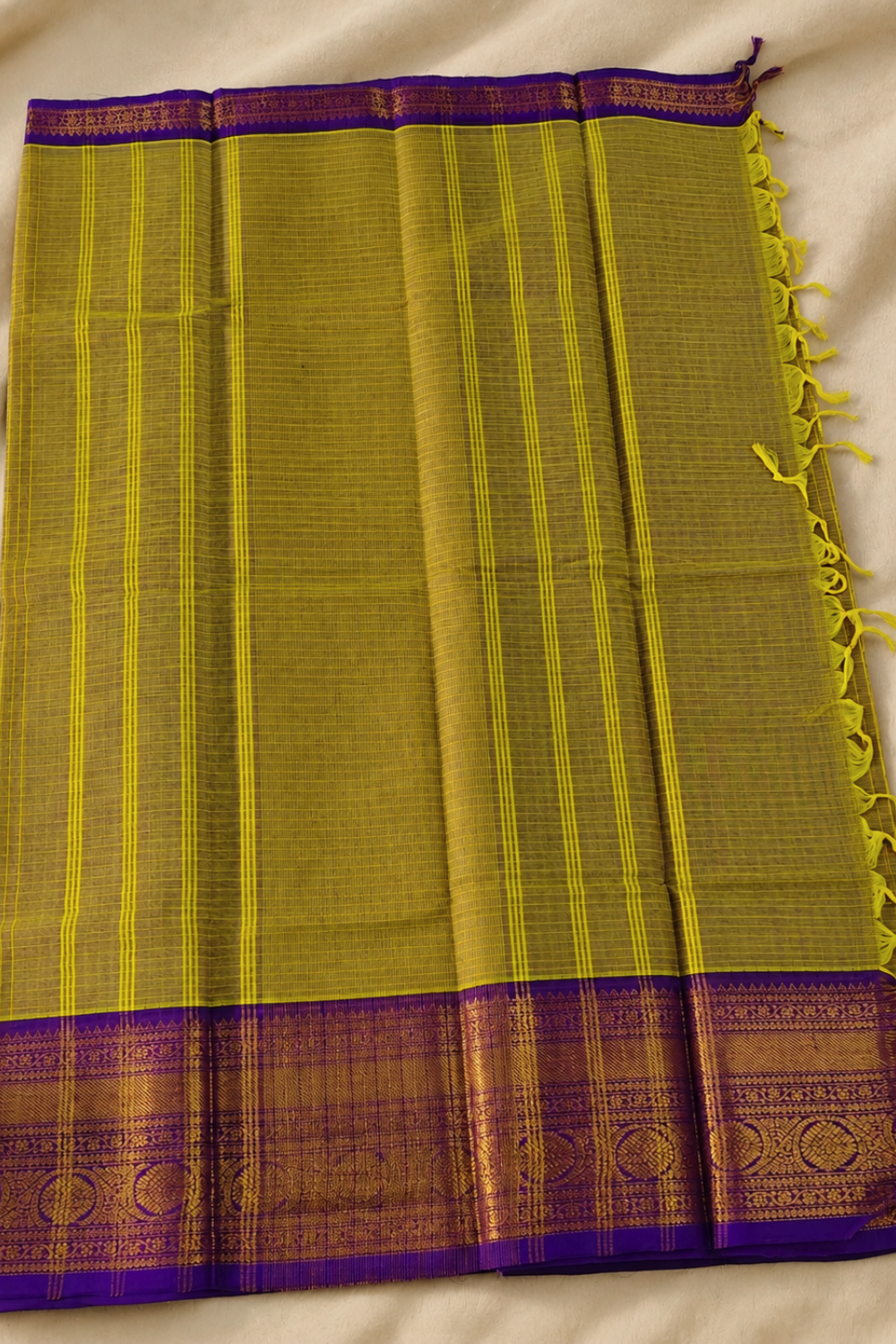 Olive Green Chettinad Handloom Cotton Saree with Royal Purple Zari Border
