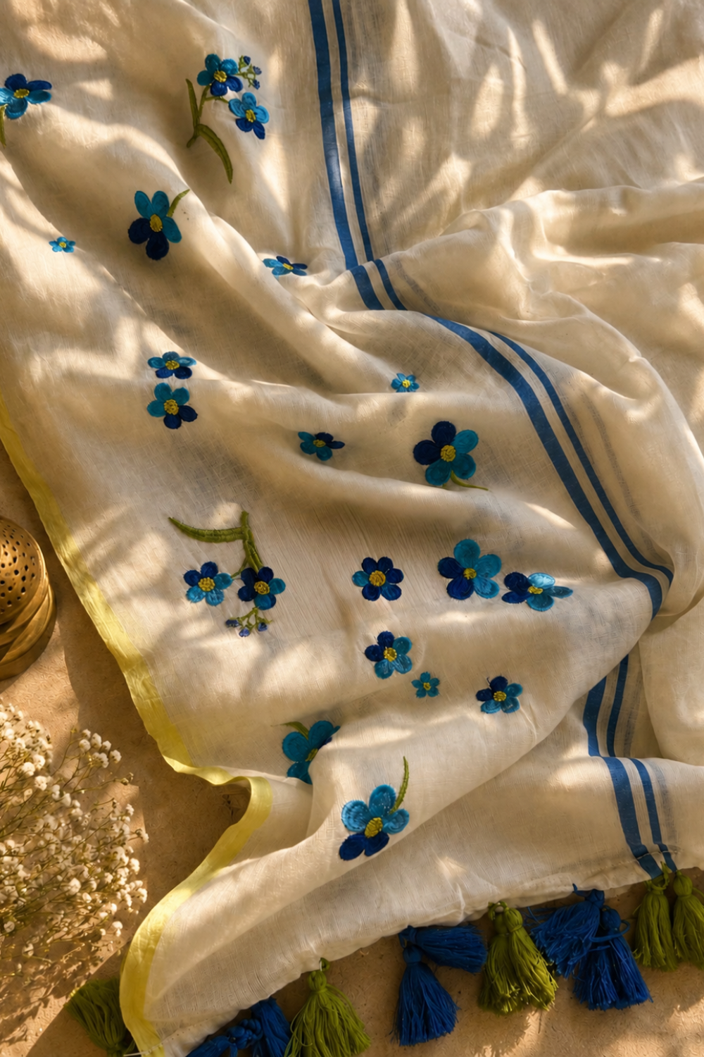 Off White 120 Count Mul Mul Cotton Saree with Blue Floral Embroidery