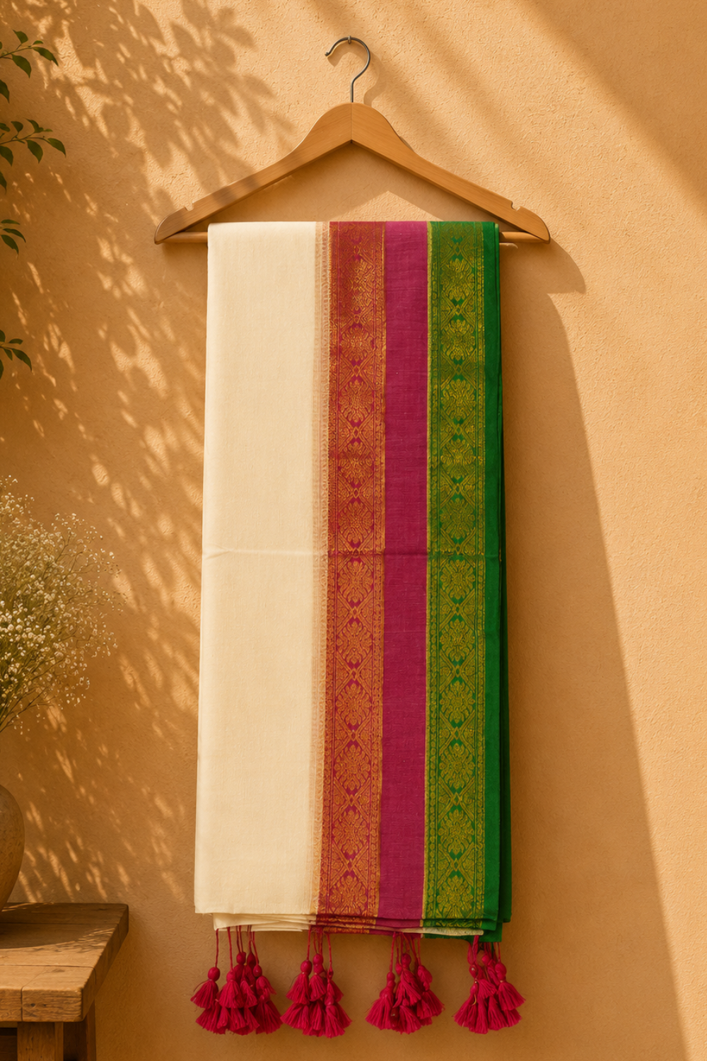 Off White Mul Mul Cotton Saree with Pink & Green Border
