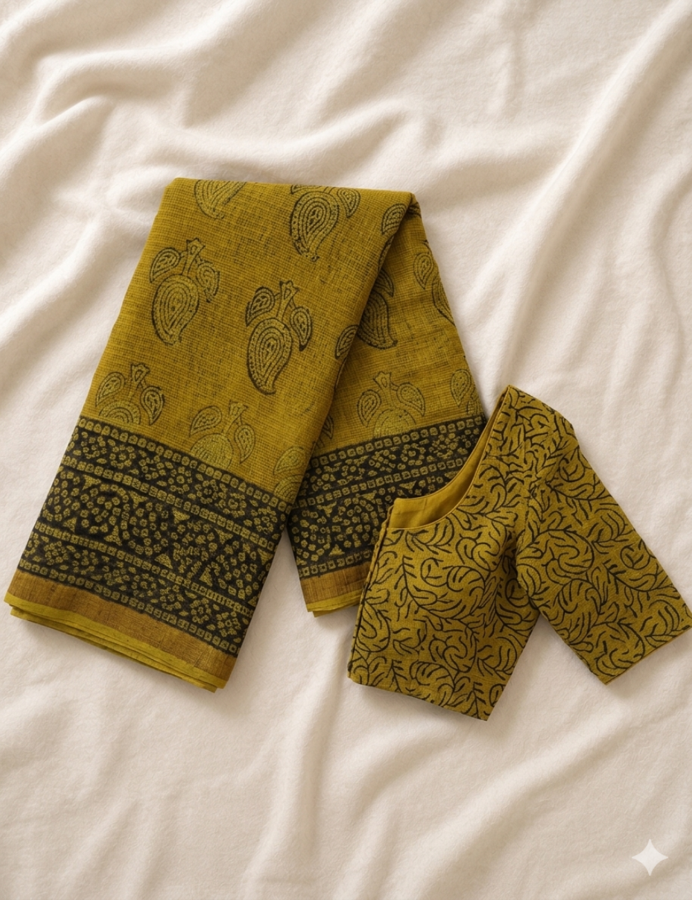 Mustard Yellow Mango Bagru Handblock Kota Doriya Saree