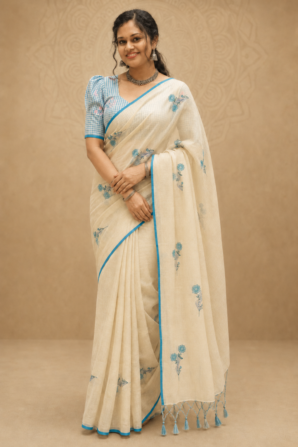 Ivory Linen Blend Saree with Blue Floral Prints and Contrast Blue & White Checked Floral Blouse