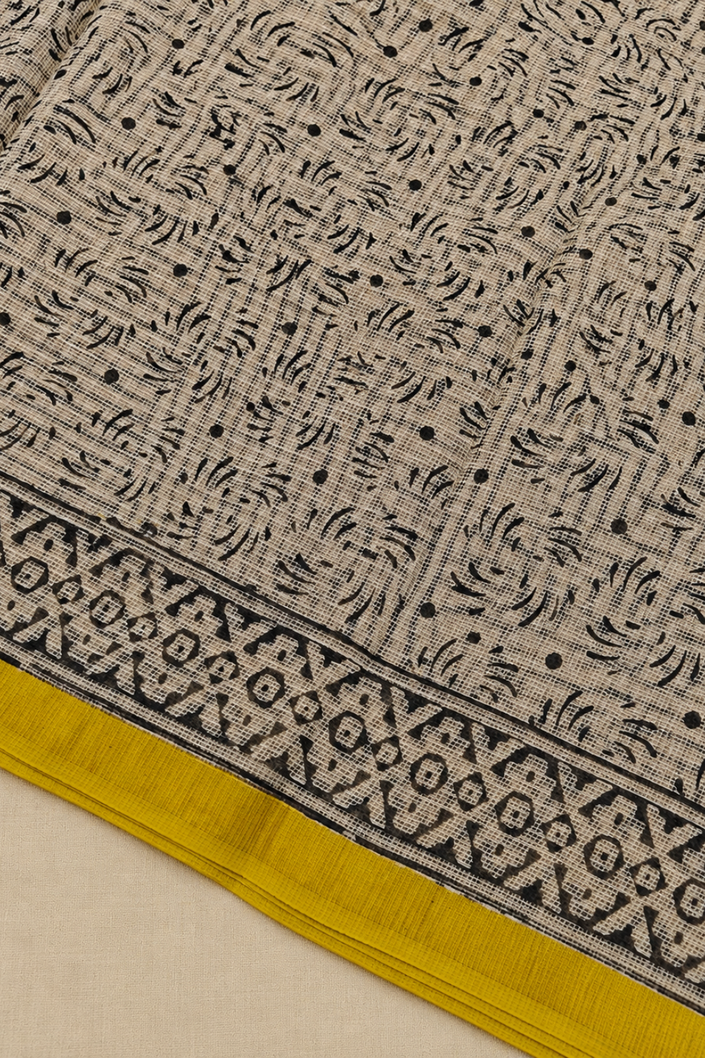 Mustard & Black Hand Block Printed Kota Doria Saree
