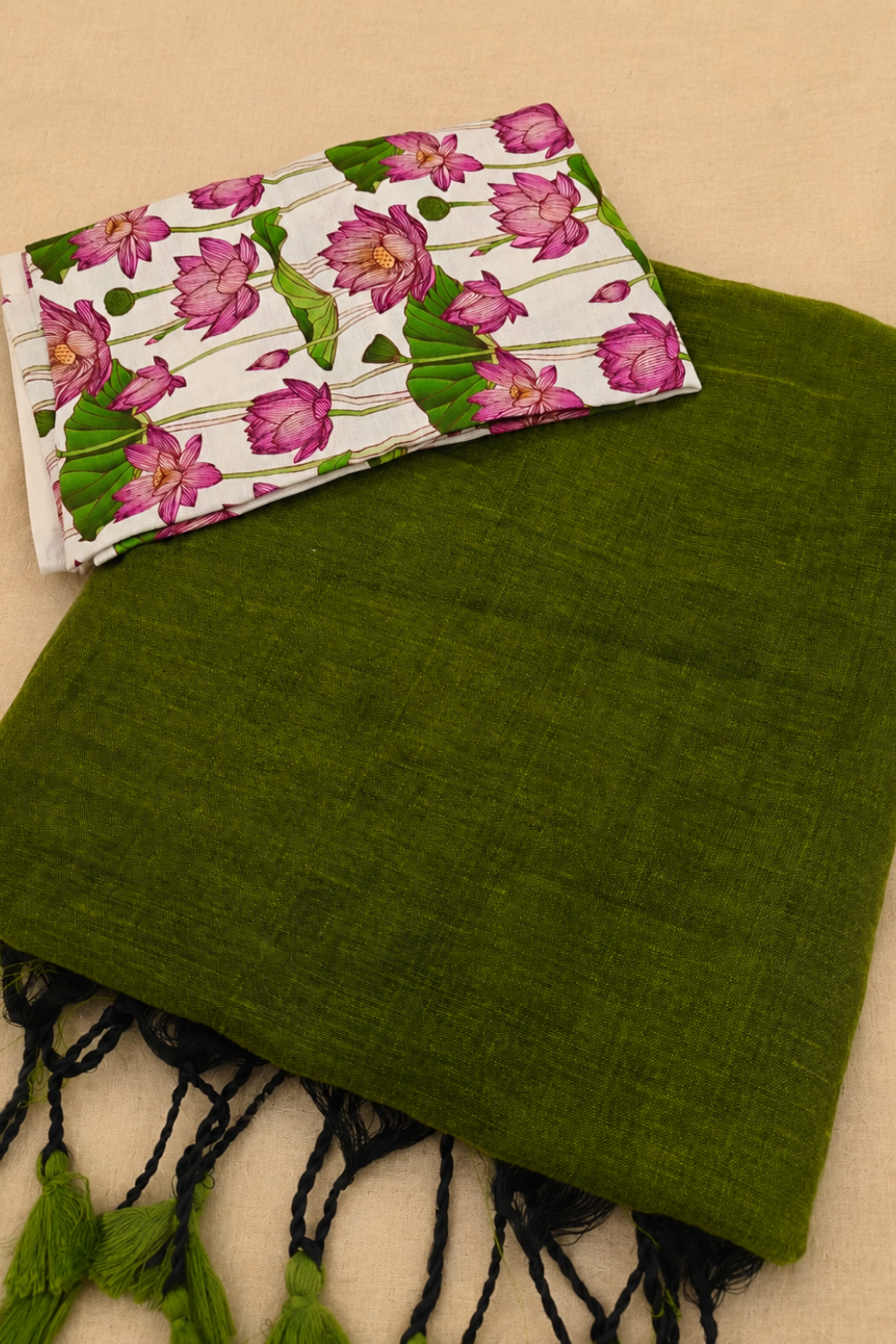 Olive Green Linen Cotton Saree with Lotus Printed Contrast Blouse