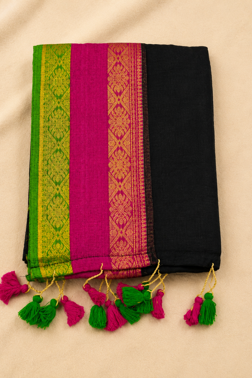 Black Mul Mul Cotton Saree with Pink & Green Border