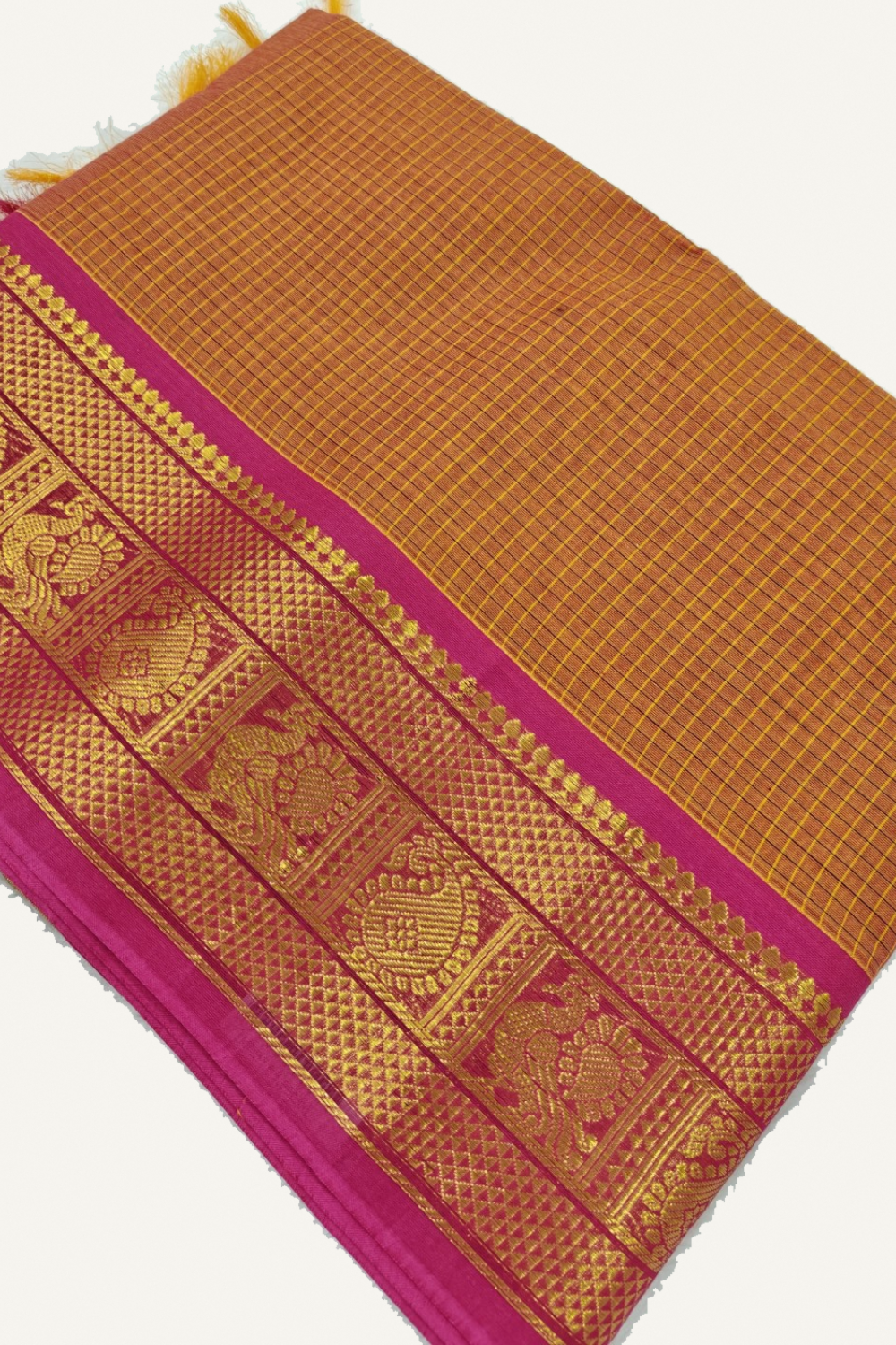 Rust Orange & Pink Chettinad Cotton Saree with Traditional Gold Zari Border