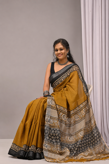 Mustard Yellow Linen Saree with Traditional Block Print