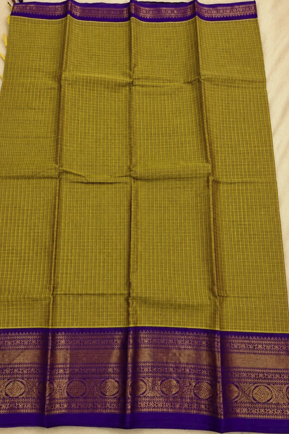 Olive Green Chettinad Handloom Cotton Saree with Royal Purple Zari Border