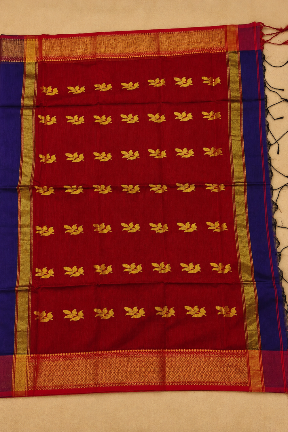 Royal Blue & Red Maheshwari Cotton Saree with Gold Zari Border