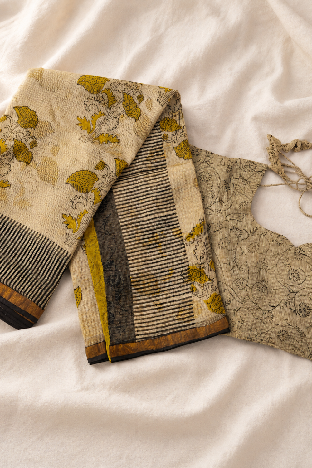 Ivory Hand Block Print Kota Doria Saree with Mustard Striped Pallu