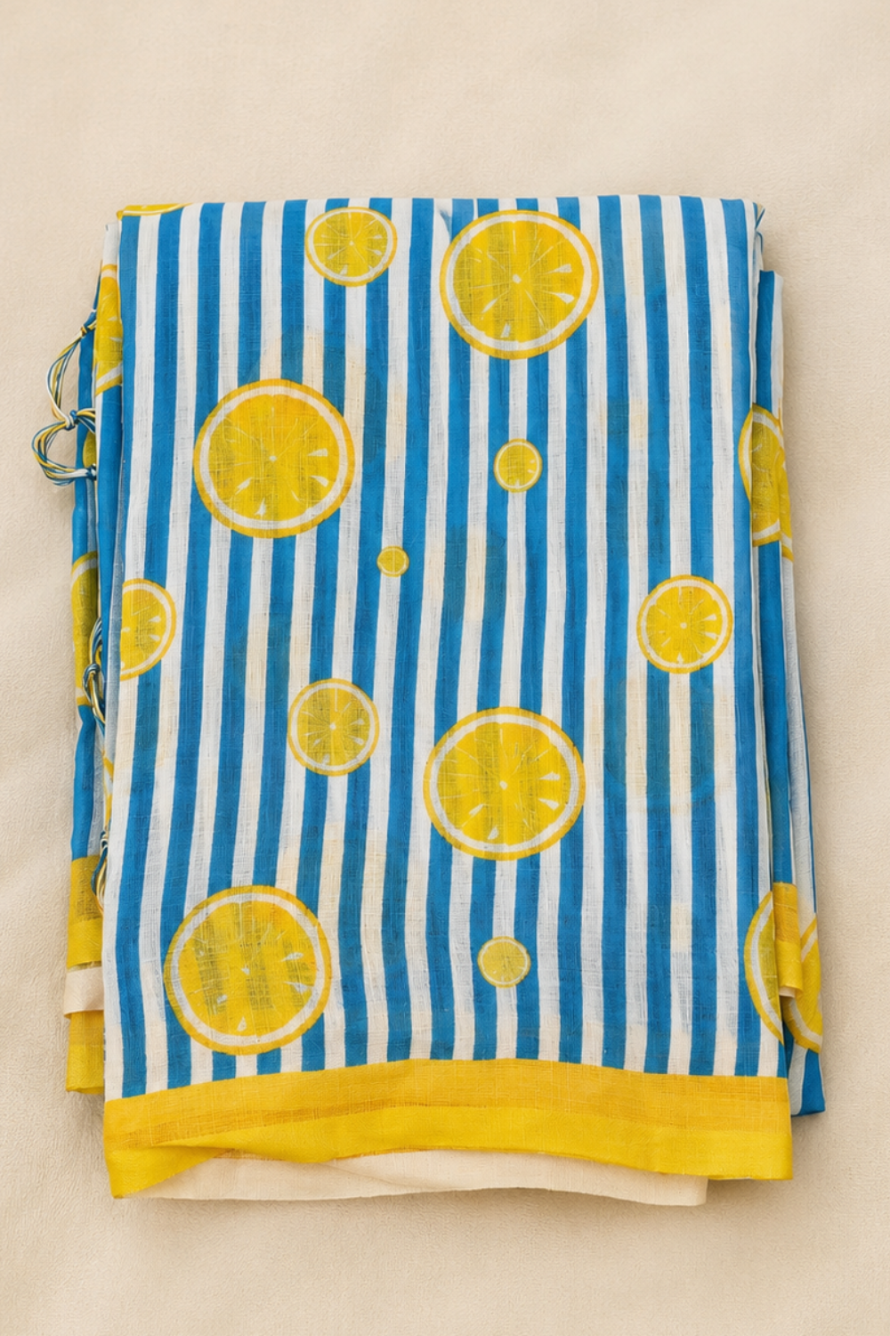 Sky Blue & White Striped Linen Blend Saree with Motifs & Yellow Blouse